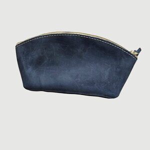 Portland Leather Goods Navy Blue Leather‎ Eclipse Makeup Bag With Gold Zipper